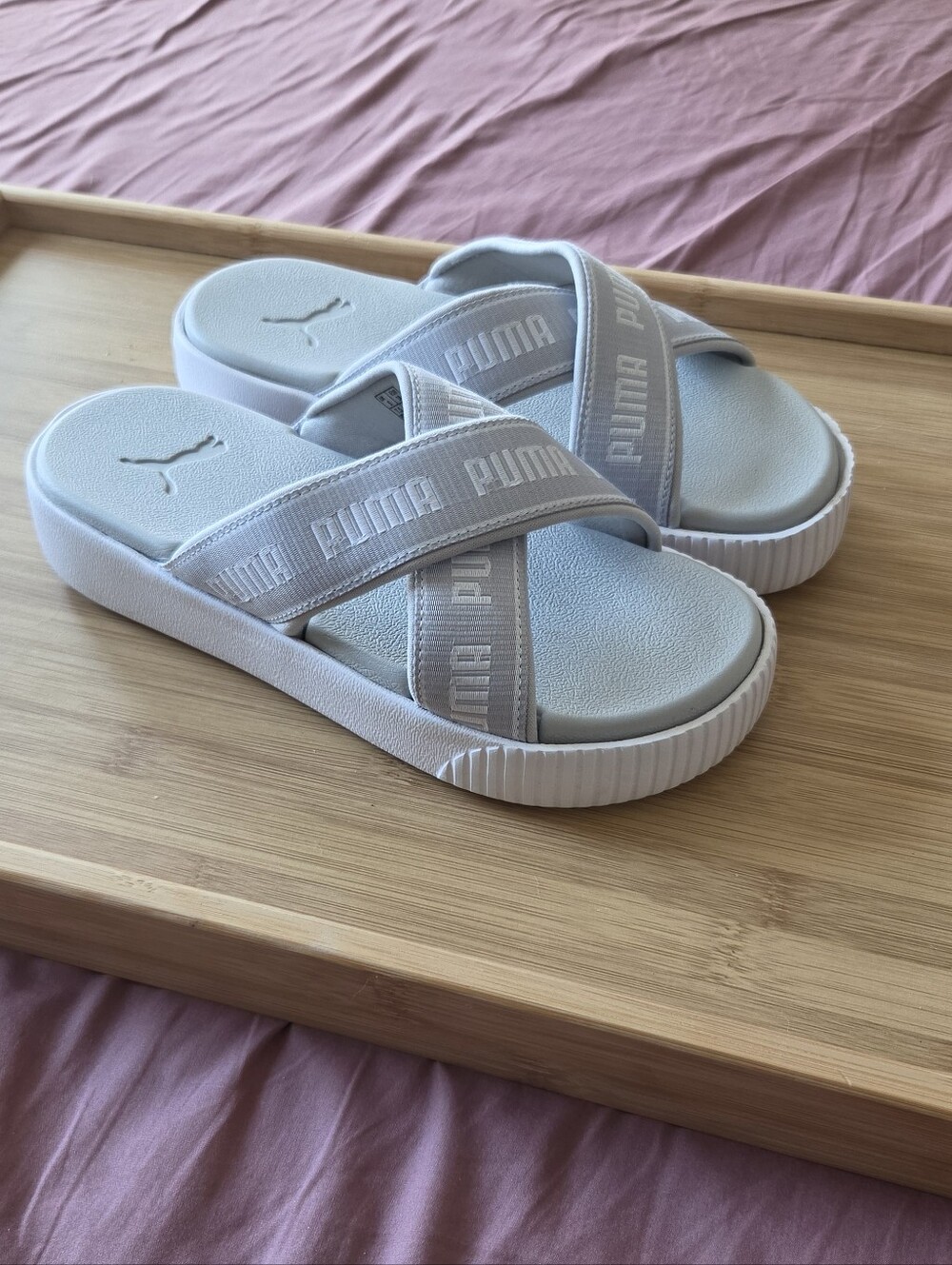Puma Cross-Strap Slide Sandals in Light Gray